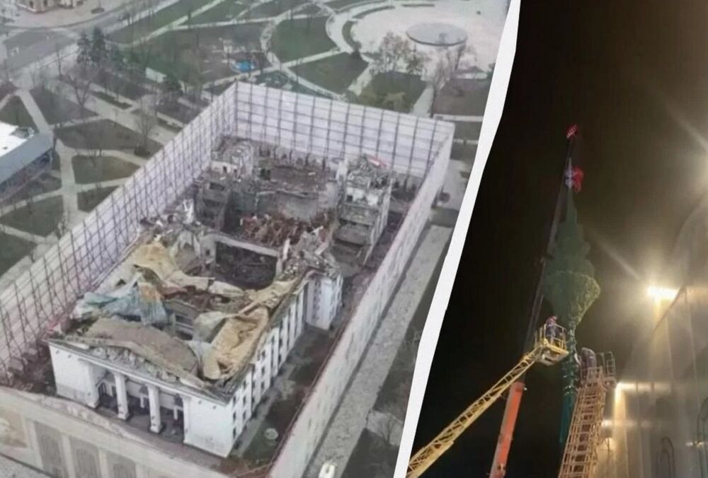 Рашисты в Мариуполе поставили новогоднюю елку у здания драмтеатра, где погибли сотни людей 