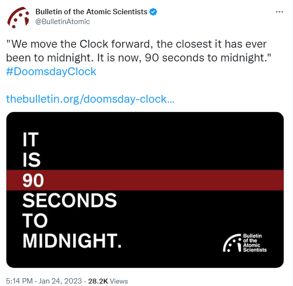 Часы Судного дня перевели на 10 секунд вперед: до ядерной полуночи всего полторы минуты — фото