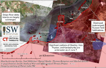 Подрыв Каховской ГЭС: вода снесла укрепления первой линии обороны россиян на левом берегу