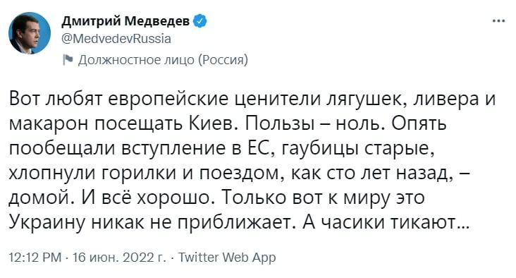 Медведев в ответ на визит Макрона и Шольца в Киев: ”Ценители лягушек, ливера и макарон хлопнули горилки” — фото 1