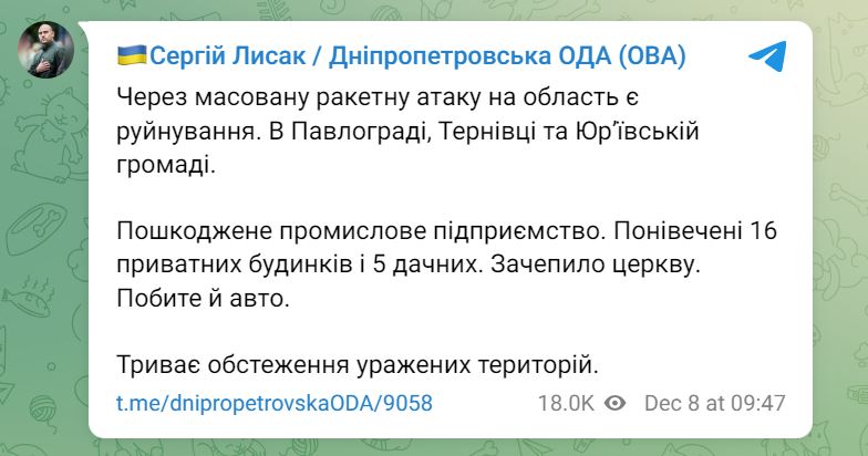 Під час обстрілу Павлоградського району постраждала церква — фото