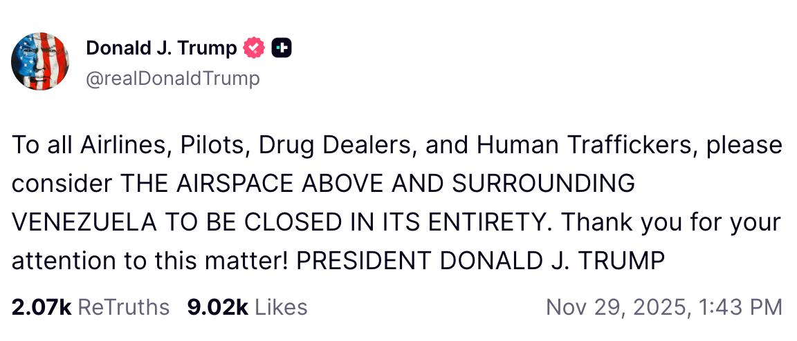 Трамп оголосив про закриття повітряного простору над Венесуелою — фото 1