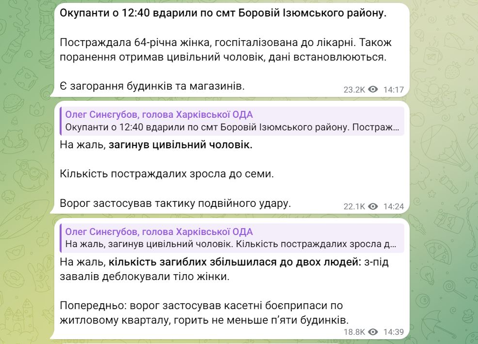 Росіяни вдарили по селищу Борова касетними боєприпасами: двоє загиблих — фото 1