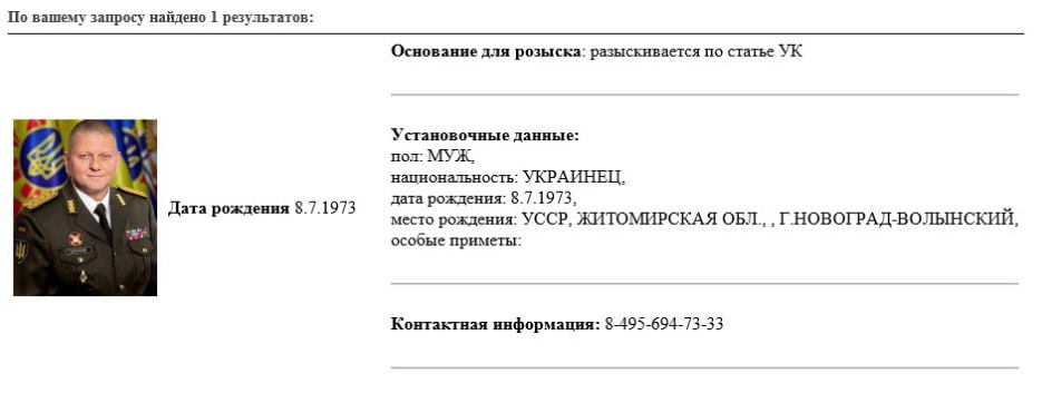 Валерія Залужного в Росії оголошено в розшук — фото